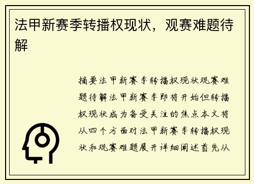 法甲新赛季转播权现状，观赛难题待解